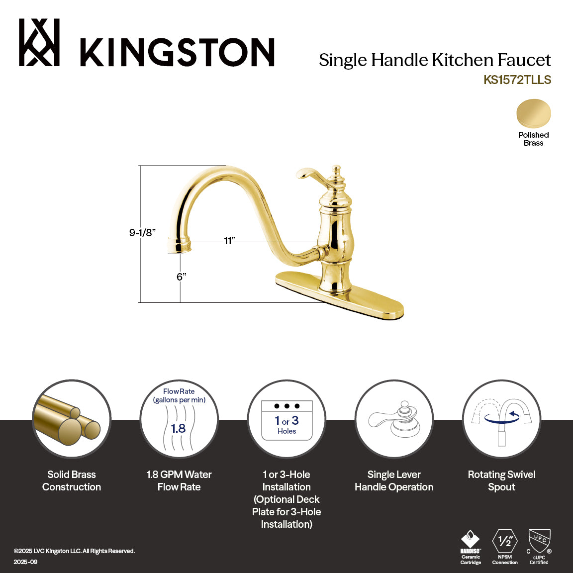 Kingston Heirloom KS1572TLLS - Heritage Single-Handle 1-or-3 Hole Kitchen Faucet, Polished Brass — thumbnail 3
